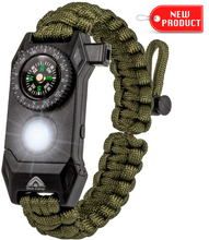 Load image into Gallery viewer, The Outdoorsman - Flashlight Survival Bracelet (Army Green) with Compass/Smart LED Light/Fire Starter/Blade/Whistle/Paracord (6-in-1 tool).