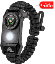 Load image into Gallery viewer, The Outdoorsman - Flashlight Survival Bracelet (Black) with Compass/Smart LED Light/Fire Starter/Blade/Whistle/Paracord (6-in-1 tool).