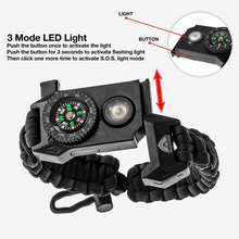 Load image into Gallery viewer, The Outdoorsman - Flashlight Survival Bracelet (Black) with Compass/Smart LED Light/Fire Starter/Blade/Whistle/Paracord (6-in-1 tool).