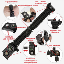 Load image into Gallery viewer, The Outdoorsman - Flashlight Survival Bracelet (Black) with Compass/Smart LED Light/Fire Starter/Blade/Whistle/Paracord (6-in-1 tool).