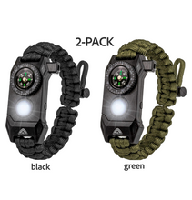 Load image into Gallery viewer, Flashlight Survival Bracelets 2-PACK (Black and Green) with Compass/Smart LED Light/Fire Starter/Blade/Whistle/Paracord (6-in-1 tool).
