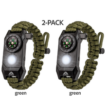 Load image into Gallery viewer, Survival Bracelet 2-PACK (green) with Compass / Smart LED Light / Tinder Starter / Scraper / Whistle / Paracord (6-in-1 tool).
